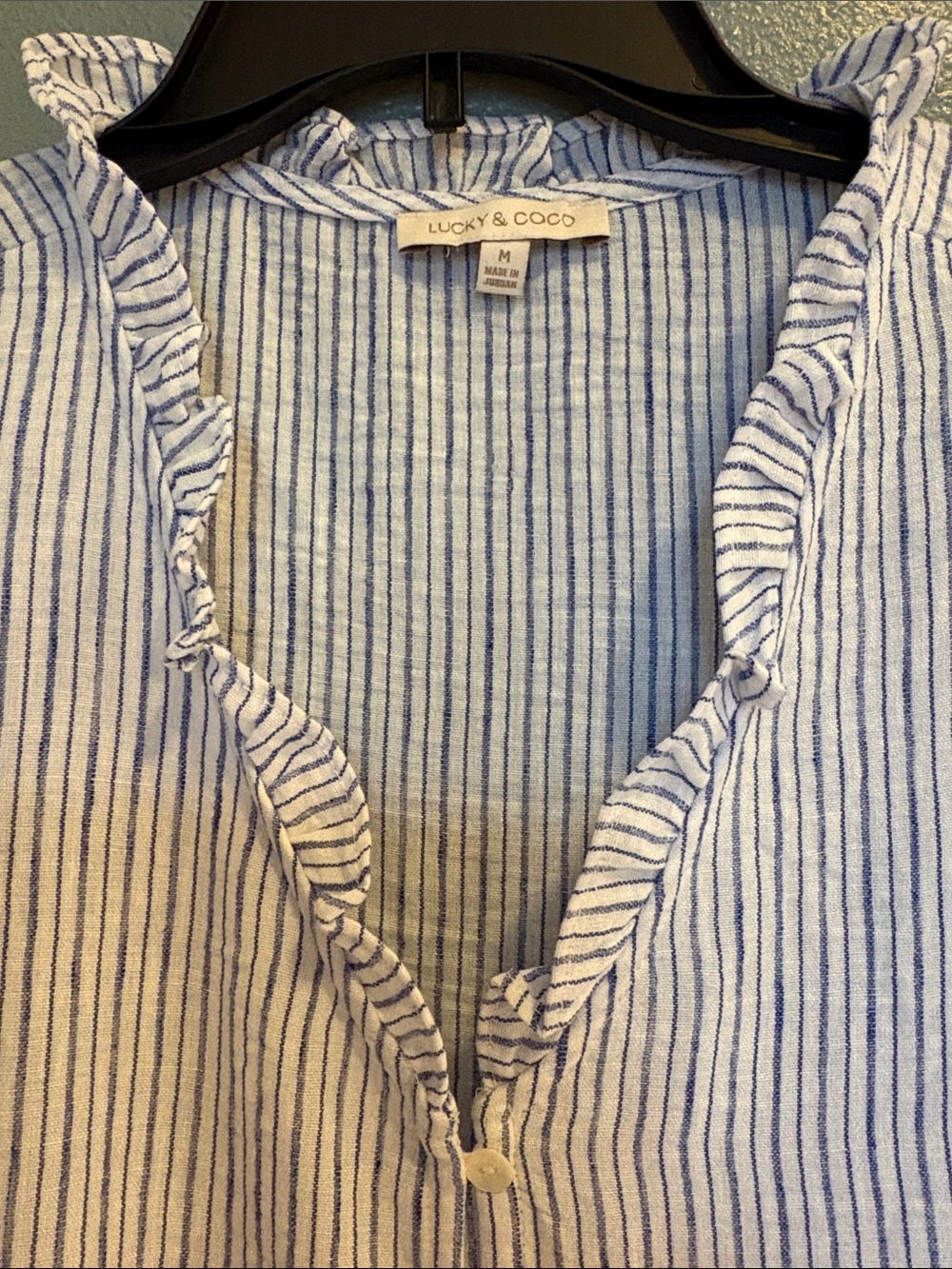 Blue Stripe Ruffle Sleeveless Button-Front Flowy Top - Picture 4 of 11
